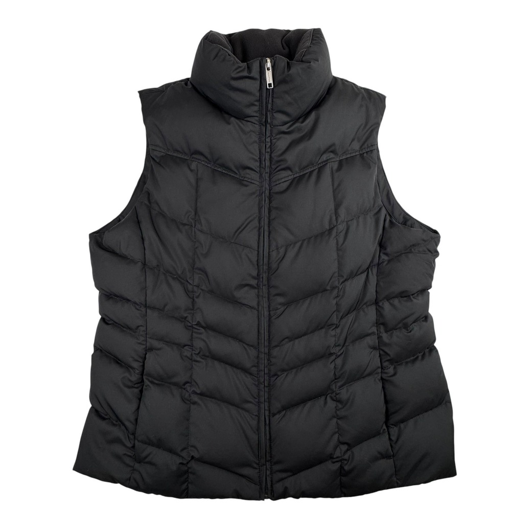 Lands End Down Puffer Vest Women L 14-16 Black Full Zip Quilted Outdoor Hiking